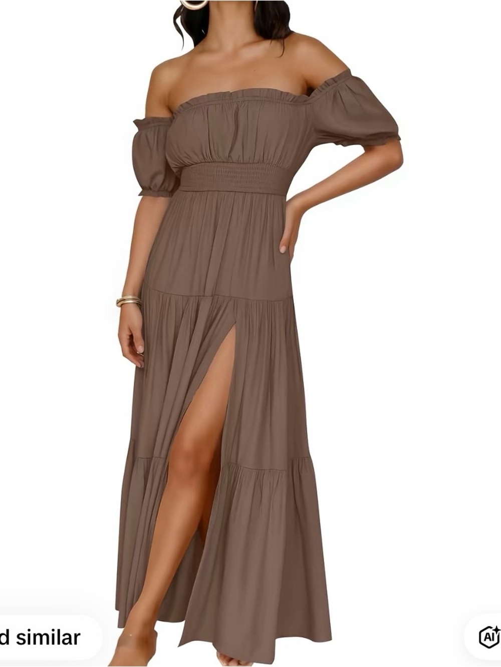 Off-Shoulder Maxi Dress in Coffee with Front Slit